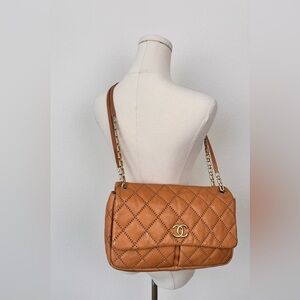 CHANEL Dark Beige Carmel  Quilted  Leather Retro Flap Handbag